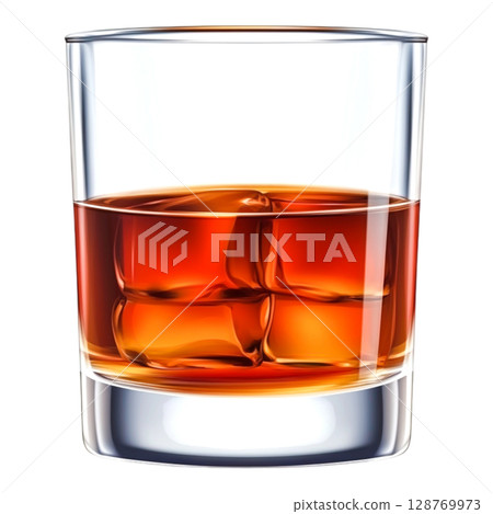 Glass of Amber Whiskey on Ice with Rich Colors and Reflections in Clear Crystal Glass of Amber Whiskey on Ice with Rich Colors and Reflections in Clear Crystal 128769973
