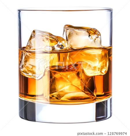 Glass of amber whiskey with ice cubes on a clean background for drink concepts Glass of amber whiskey with ice cubes on a clean background for drink concepts 128769974