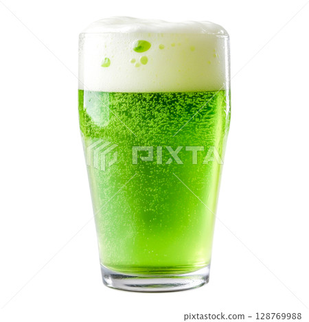 Bright Green Beer in a Tall Glass with Frothy White Foam on Top for Festive Occasions 128769988