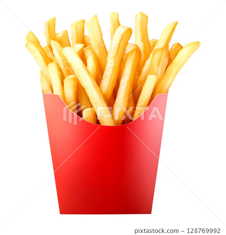 Freshly Cooked Crispy French Fries in a Red Container Isolated on White Background 128769992