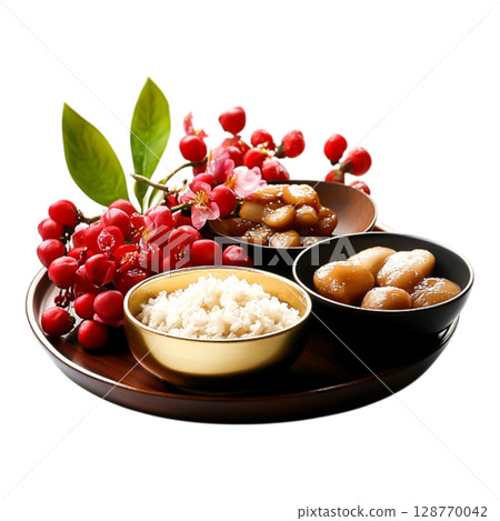 Elegant Presentation of Rice and Sweet Treats Surrounded by Fresh Fruits and Leaves 128770042