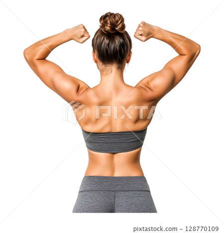 Female Athlete Flexing Muscles in Sports Bra with Strong Physique on Isolated Background 128770109