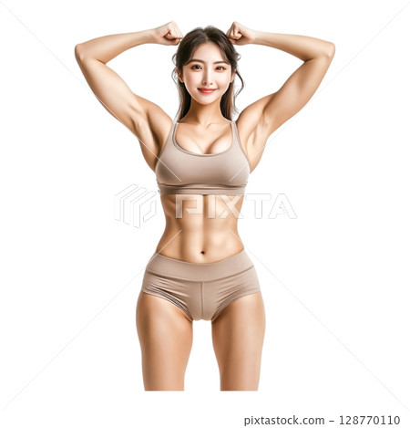 Strong and Fit Young Woman Posing Confidently with Sculpted Body in Sportswear Strong and Fit Young Woman Posing Confidently with Sculpted Body in Sportswear 128770110