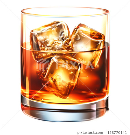 Realistic glass of whiskey with ice cubes, amber liquid, and glossy surface Realistic glass of whiskey with ice cubes, amber liquid, and glossy surface 128770141