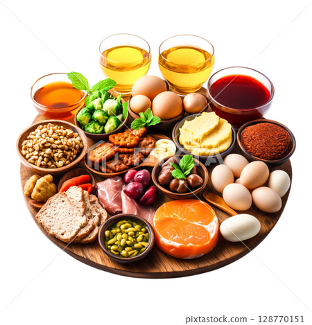 Colorful Assortment of Fresh Ingredients on Wooden Plate with Beverages and Snacks 128770151