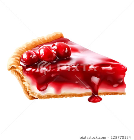 Delicious cherry pie slice with vibrant red filling and flaky golden crust on white background Delicious cherry pie slice with vibrant red filling and flaky golden crust on white background 128770154
