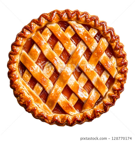 Delicious Homemade Pie with Lattice Crust and Warm Glaze on a White Background 128770174