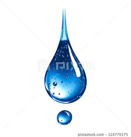 Clear Blue Water Drop with Bubbles Isolated on White Background 128770175