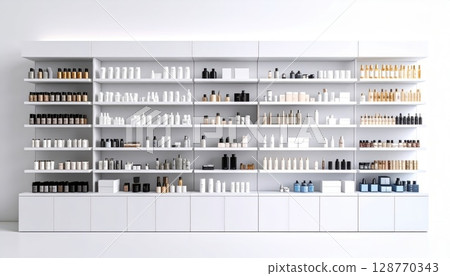 AI 圖片：擺滿化妝品的白色貨架 128770343