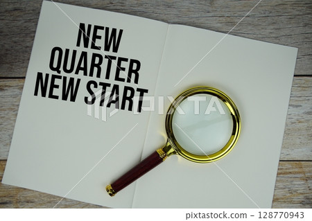 New Quarter New Start text written on chalkboard with alarm clock on wooden background New Quarter New Start text written on chalkboard with alarm clock on wooden background 128770943