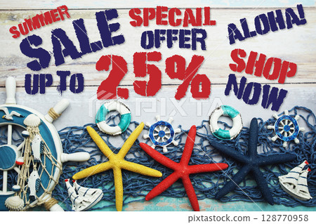 Summer Sale 25% off with Nautical and summer decoration on wooden background Summer Sale 25% off with Nautical and summer decoration on wooden background 128770958