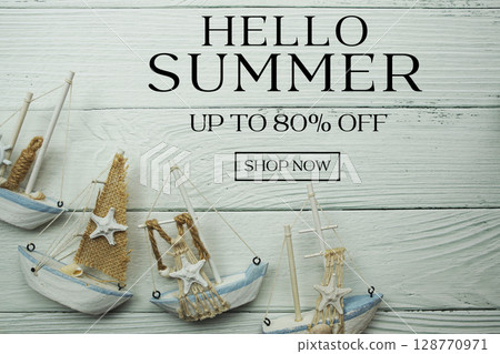 Summer Sale 80% off with Nautical and summer decoration on wooden background 128770971