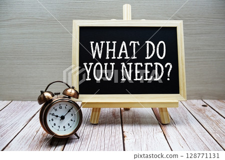 What Do You Need? text written on chalkboard with alarm clock on wooden background 128771131