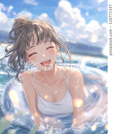 夏日海邊玩耍的微笑女人插畫(AI 生成圖像) 夏日海邊玩耍的微笑女人插畫(AI 生成圖像) 128771347