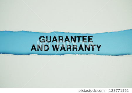 Guarantee And Warranty text on blue with white paper torn ripped of horizontal Guarantee And Warranty text on blue with white paper torn ripped of horizontal 128771361