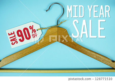 Great Discount Sale 90% off price tag label with Clothes hanger Clothing Promotion shopping concept 128771510