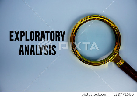 Exploratory Analysis text with magnifying glass on blue background 128771599