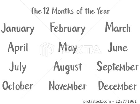 Handwritten English month names set (12 months) Casual touch | Gray 128771961
