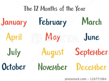 手寫英文月份名稱套裝（12個月）休閒風格 | 戶外色彩 128771964