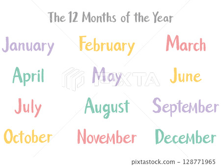 手寫英文月份名稱集（12個月）隨意觸感 | 柔和的色彩 128771965