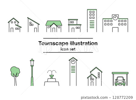 圖庫插圖: 城市景觀建築與街道元素顏色向量圖示集 圖庫插圖: 城市景觀建築與街道元素顏色向量圖示集 128772209