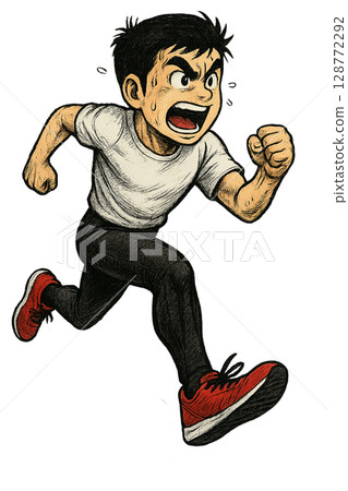 漫畫風格的插畫，描繪了身穿白色T卹、鬥志昂揚、全力奔跑的年輕人 128772292
