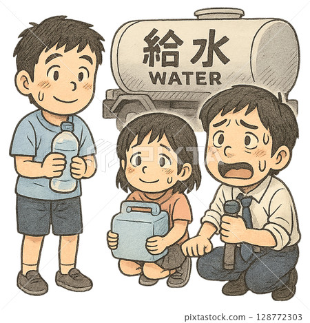 Disaster prevention scenes of a family receiving water in front of a water tanker, children and adults receiving water support during a disaster, and people sweating to get water. Disaster prevention scenes of a family receiving water in front of a water tanker, children and adults receiving water support during a disaster, and people sweating to get water. 128772303