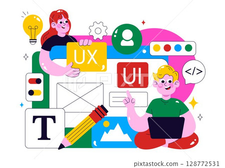 Ui Ux Design Vector Illustration Featuring Application and Software Website Development with App Coding in a Flat Style Cartoon Background Ui Ux Design Vector Illustration Featuring Application and Software Website Development with App Coding in a Flat Style Cartoon Background 128772531