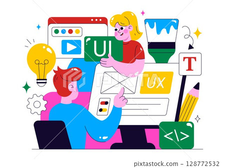 Ui Ux Design Vector Illustration Featuring Application and Software Website Development with App Coding in a Flat Style Cartoon Background Ui Ux Design Vector Illustration Featuring Application and Software Website Development with App Coding in a Flat Style Cartoon Background 128772532
