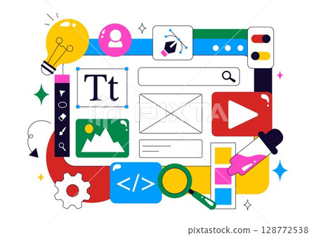 Ui Ux Design Vector Illustration Featuring Application and Software Website Development with App Coding in a Flat Style Cartoon Background Ui Ux Design Vector Illustration Featuring Application and Software Website Development with App Coding in a Flat Style Cartoon Background 128772538