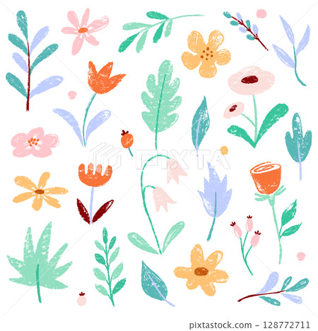 Flower spring vector garden cute element set. Hand drawn pastel flower, leaf, wildflower daisy cute elements with crayon chalk texture. Doodle garden floral plant kid background. Vector 128772711