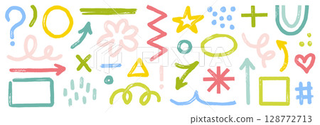Brush stroke arrow, asterisk, geometric shape set. Hand drawn paint stroke, arrow, blob dot wave with grunge texture. Abstract round element, cute modern shape kid background. Vector Brush stroke arrow, asterisk, geometric shape set. Hand drawn paint stroke, arrow, blob dot wave with grunge texture. Abstract round element, cute modern shape kid background. Vector 128772713