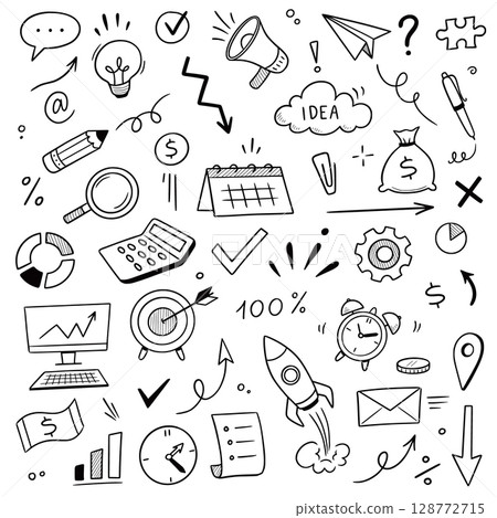 Business money sketch idea icon set. Hand drawn sketch elements for startup, project, goal and teamwork. Business graphic chart, rocket, growth marketing concept in chalkboard. Vector 128772715