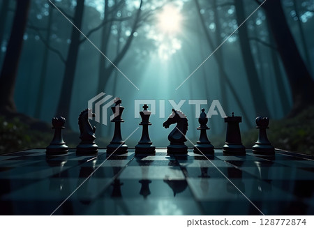 The chess pieces are set on a chessboard, standing tall against a forest backdrop with a light shining in the center of the frame. 128772874