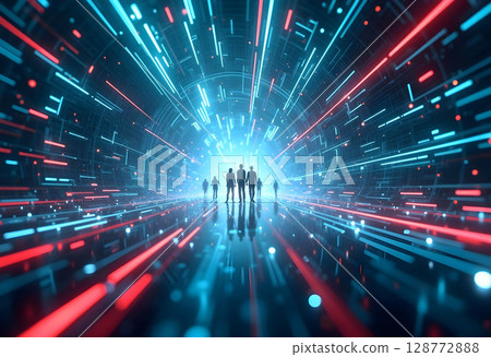 A futuristic digital landscape with silhouetted figures walking through a corridor of vibrant blue and red light streams. suggests a blend of the physical and digital worlds 128772888