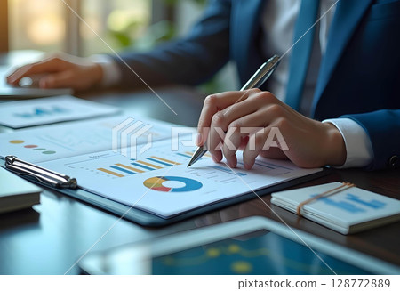 A close-up of a businessman with financial documents and charts on a desk. Various colorful graphs, including pie charts and bar graphs, are visible on the papers 128772889