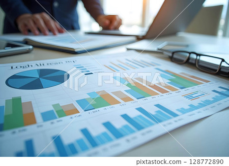 A close-up of financial documents and charts on a desk during a business meeting. Various colorful graphs, including pie charts and bar graphs, are visible on the papers 128772890