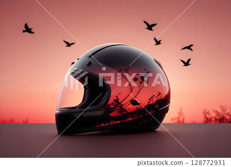 Red Motorcycle Helmet with tree and bird reflections in the helmet 128772931