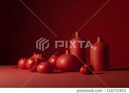 Elegant red ceramic vases and pots are artistically arranged against matching backdrop, creating harmonious and striking visual composition. tactile quality of items adds depth to scene Elegant red ceramic vases and pots are artistically arranged against matching backdrop, creating harmonious and striking visual composition. tactile quality of items adds depth to scene 128772953