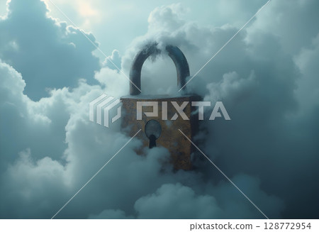 padlock emerges from thick layer of clouds, symbolizing security and mystery. contrast between metallic lock and soft, billowing clouds creates captivating visual padlock emerges from thick layer of clouds, symbolizing security and mystery. contrast between metallic lock and soft, billowing clouds creates captivating visual 128772954
