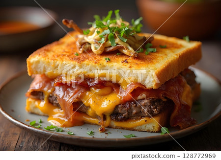 Delicious grilled cheese sandwich with beef, crispy bacon, and melted cheese, garnished with fresh herbs, served on rustic plate 128772969