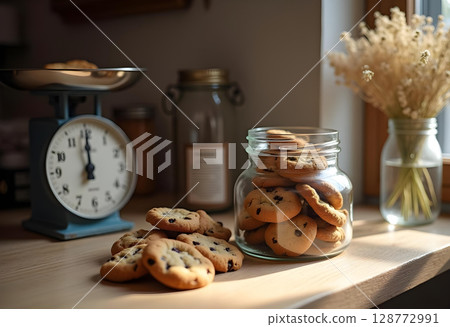 Delicious cookies in glass jar, surrounded by cozy kitchen setting with vintage scale and vase of dried flowers, evoke warm, inviting atmosphere 128772991