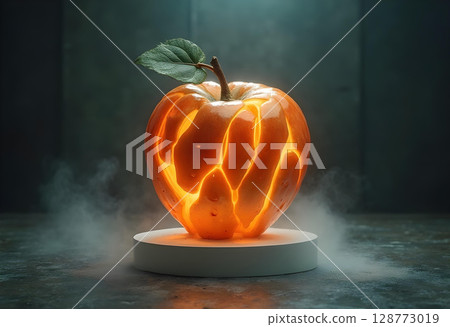 glowing apple with cracks emitting light, surrounded by mist, creates captivating and surreal atmosphere. This artistic representation blends natural elements with mystical touch 128773019