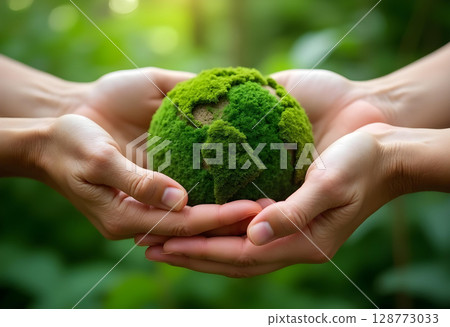 Hands holding green moss covered globe symbolizing environmental care and sustainability. image conveys sense of unity and responsibility towards nature 128773033