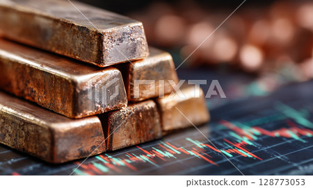 Copper bars stacked on financial chart, reflecting market volatility 128773053