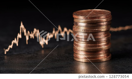 Stack of copper coins is placed on dark surface with fluctuating graph line in background, symbolizing financial volatility 128773054
