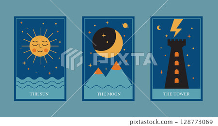 Mystical Tarot Cards Vector Set - Sun Moon Tower Celestial Illustrations 128773069