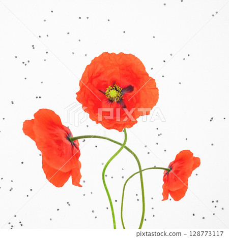 Abstract collage illustration of three poppy flowers in black seeds background Abstract collage illustration of three poppy flowers in black seeds background 128773117