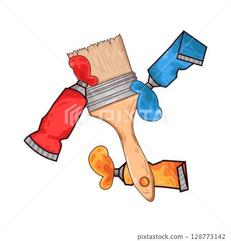 illustration of paint brush and paint tubes 128773142
