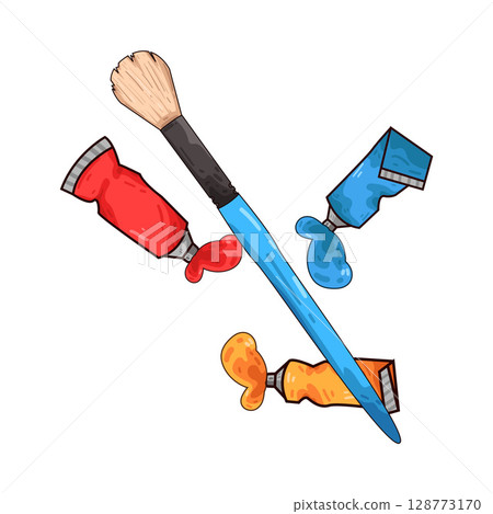 illustration of paint brush and paint tubes 128773170
